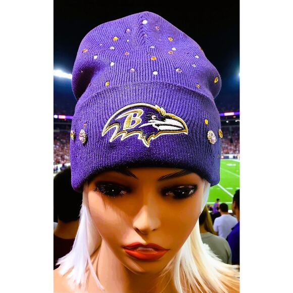 Baltimore Ravens Purple Beanie design with Logo Gold & Purple Rhinestones - Picture 1 of 6